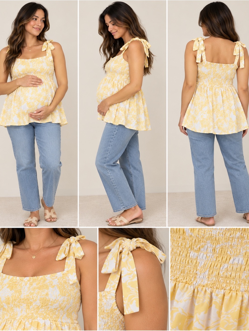 Isabel Maternity Yellow Floral Smocked Tie Shoulder Top Size L